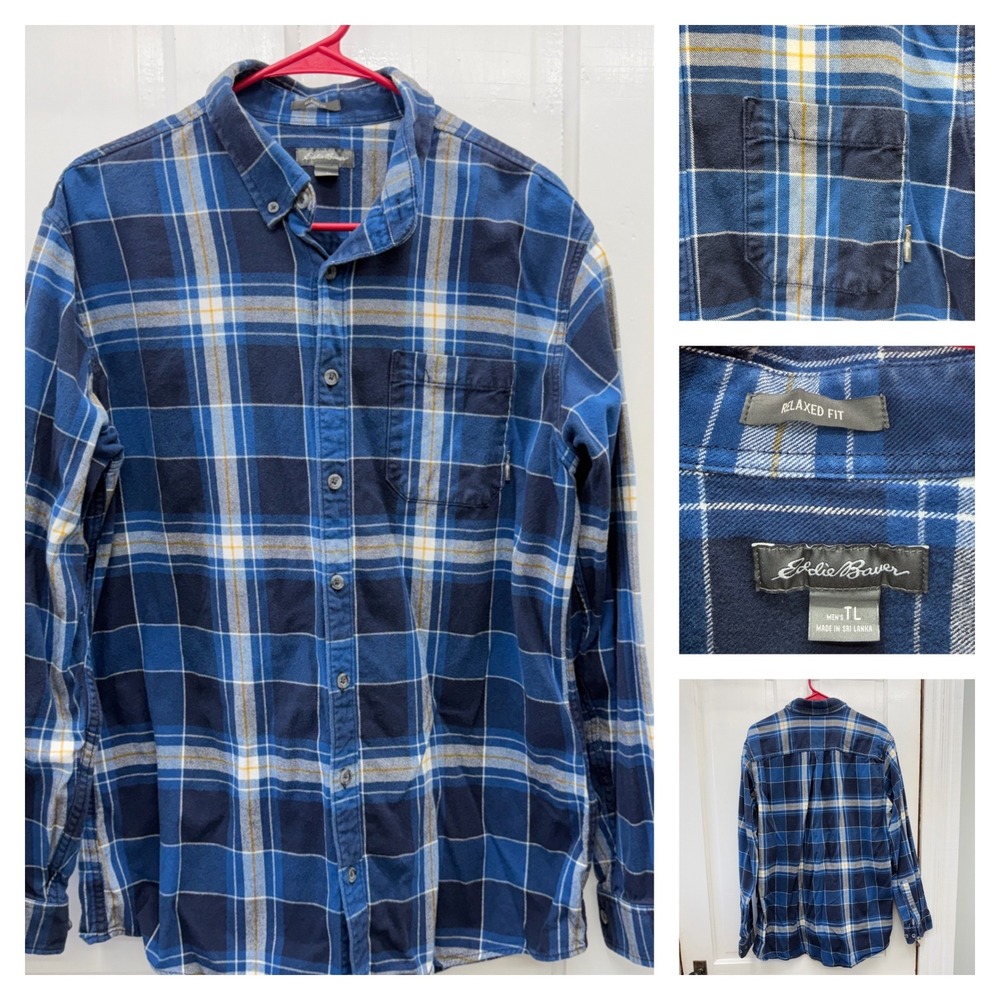Eddie Bauer Plaid Flannel Button Down Shirt Mens Tall Large Blue Relaxed Fit